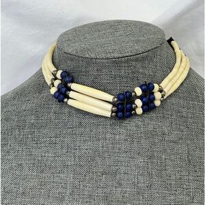 Navajo Bone Chocker With Leather Tie Straps in Back Silver Beads & Blue Stones